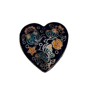 Vintage Cloisonné Double Sided Puffy Heart Pendant Flower Butterfly